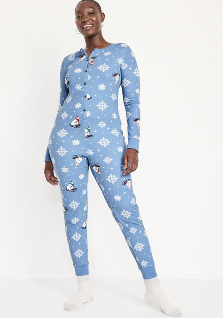 light blue snowflake and polar bear print thermal button-up onesie